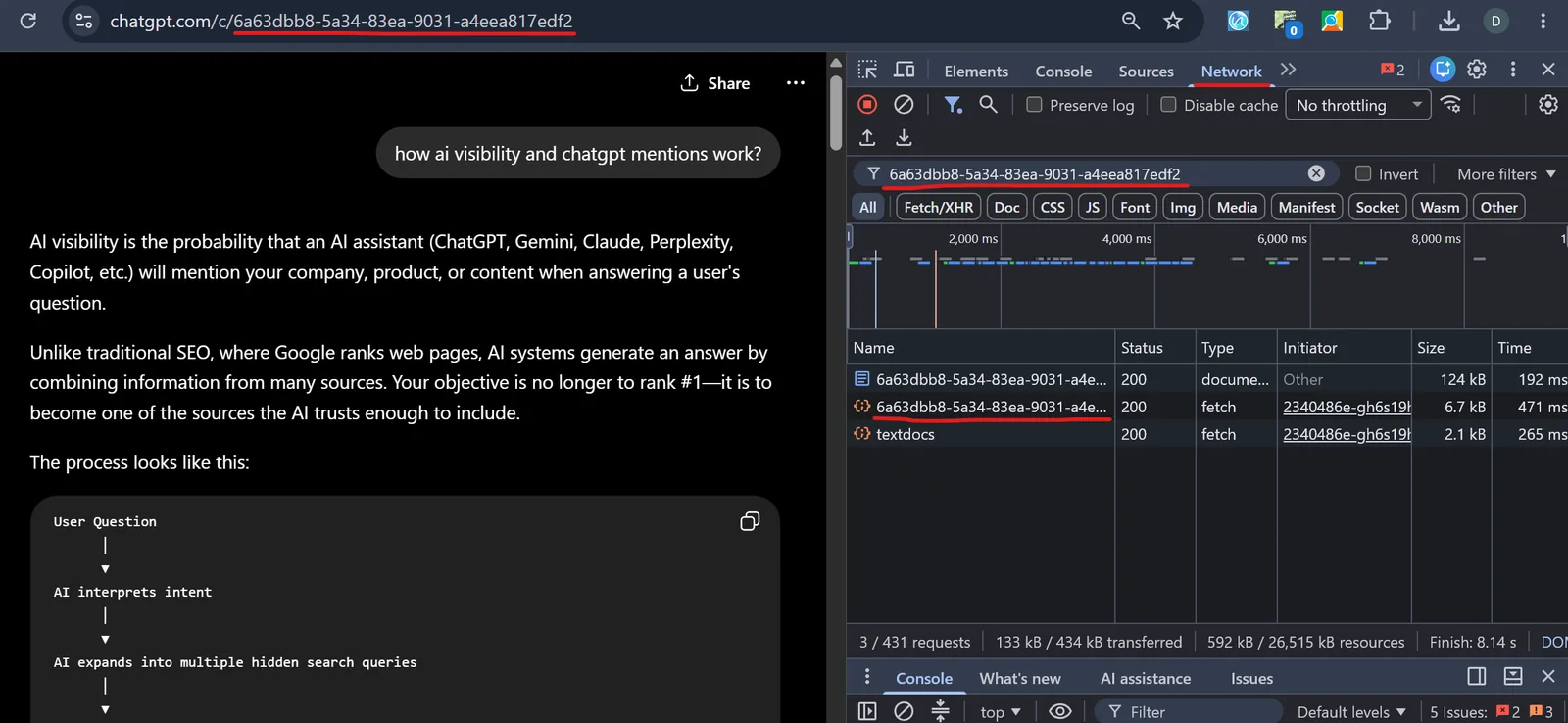 Step 3: Network requests filtered by the conversation ID, showing the fetch/XHR request for the conversation payload.