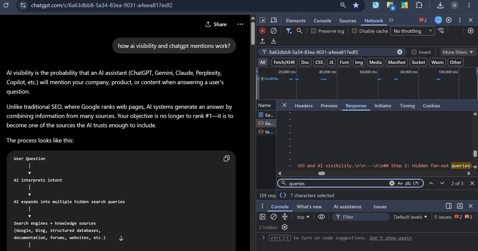 Step 5: The search_model_queries field revealing the rewritten fan-out queries ChatGPT actually searched.