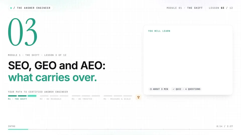 Frame from lesson 3 of The Answer Engineer, "SEO, GEO and AEO: what carries over"