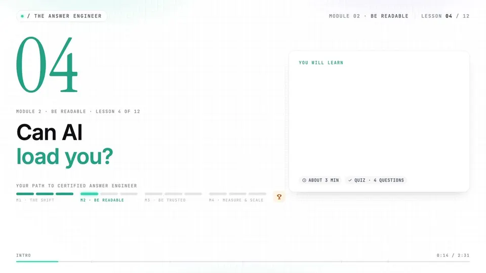Frame from lesson 4 of The Answer Engineer, "Can AI load you?"