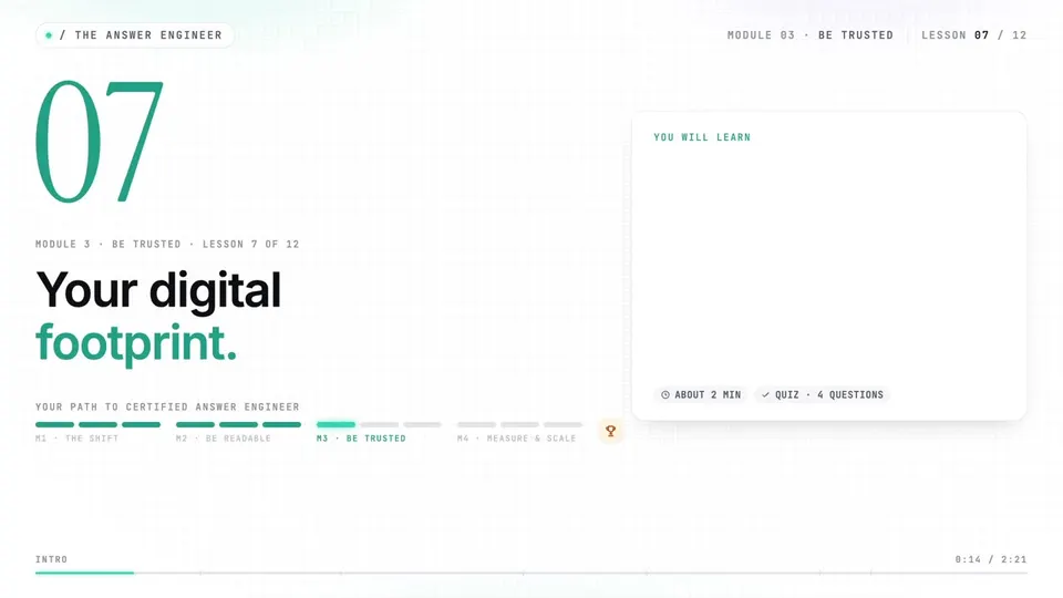 Frame from lesson 7 of The Answer Engineer, "Your digital footprint"