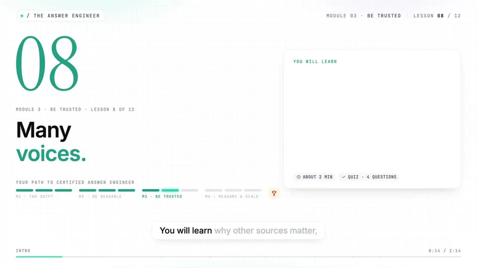 Frame from lesson 8 of The Answer Engineer, "Many voices"