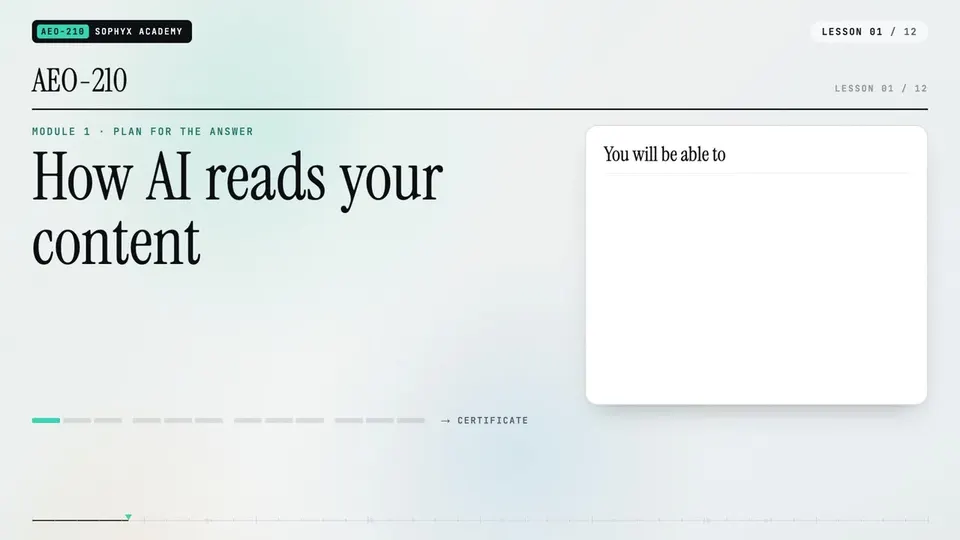 Frame from lesson 1 of Sophyx Certified AEO Content Specialist – Associate, "How AI reads your content"