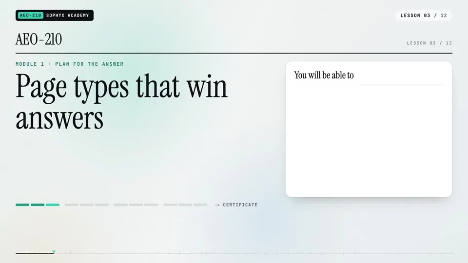 Frame from lesson 3 of Sophyx Certified AEO Content Specialist – Associate, "Page types that win answers"