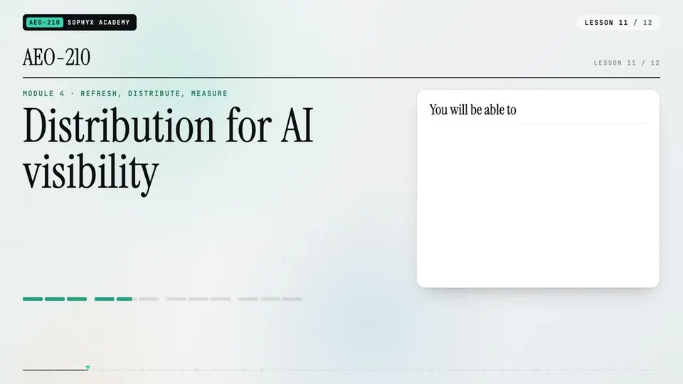 Frame from lesson 11 of Sophyx Certified AEO Content Specialist – Associate, "Distribution for AI visibility"