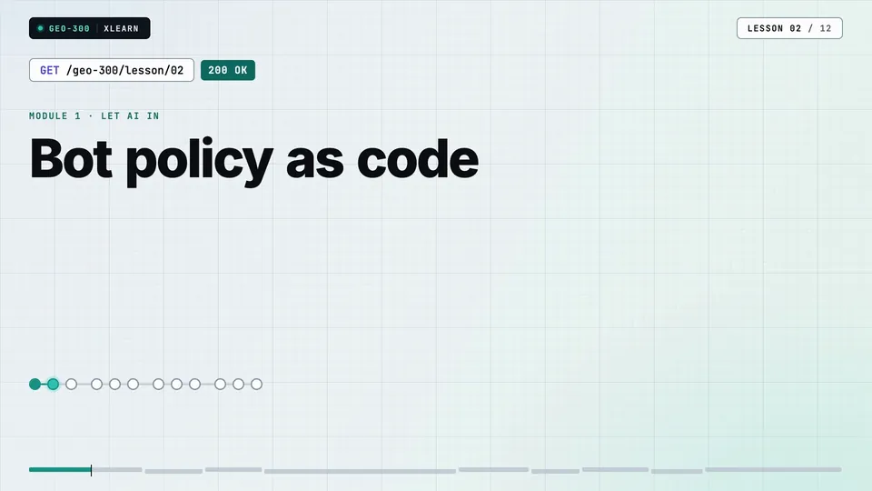 Frame from lesson 2 of Sophyx Certified Technical GEO Engineer – Professional, "Bot policy as code"