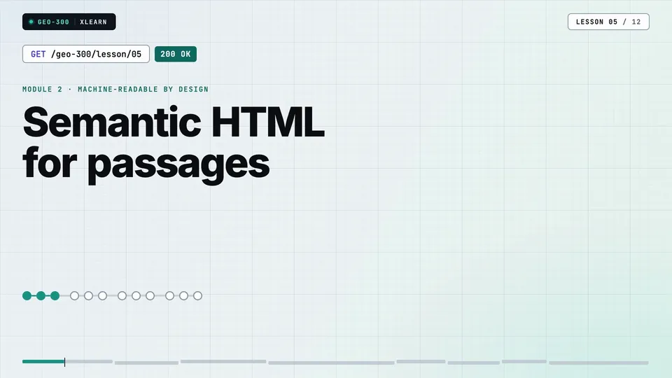 Frame from lesson 5 of Sophyx Certified Technical GEO Engineer – Professional, "Semantic HTML for passages"