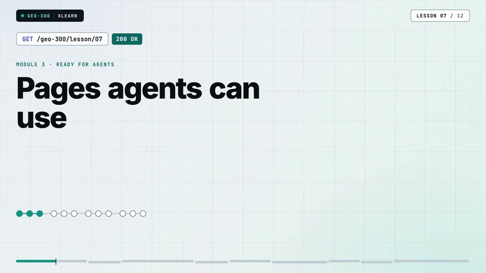 Frame from lesson 7 of Sophyx Certified Technical GEO Engineer – Professional, "Pages agents can use"