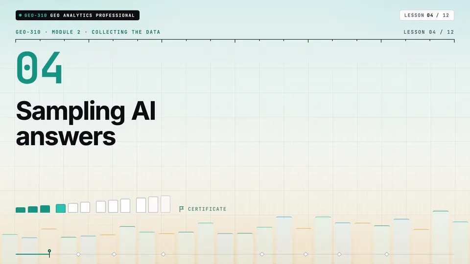 Frame from lesson 4 of Sophyx Certified GEO Analytics Professional, "Sampling AI answers"