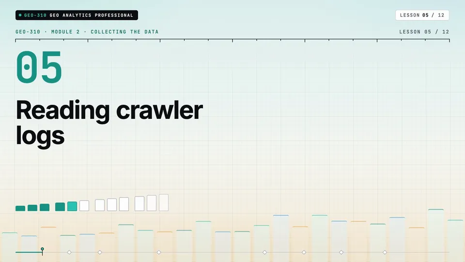 Frame from lesson 5 of Sophyx Certified GEO Analytics Professional, "Reading crawler logs"