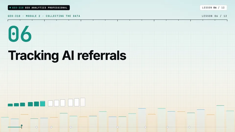 Frame from lesson 6 of Sophyx Certified GEO Analytics Professional, "Tracking AI referrals"