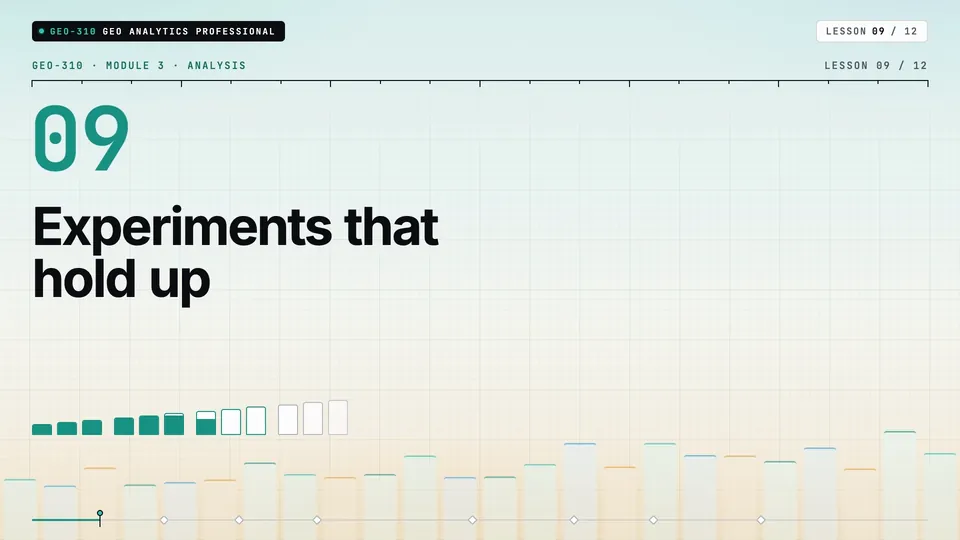 Frame from lesson 9 of Sophyx Certified GEO Analytics Professional, "Experiments that hold up"