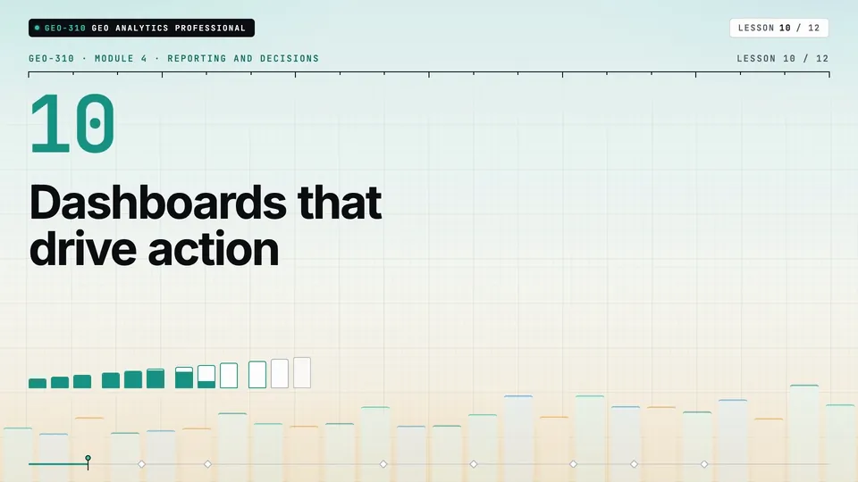 Frame from lesson 10 of Sophyx Certified GEO Analytics Professional, "Dashboards that drive action"