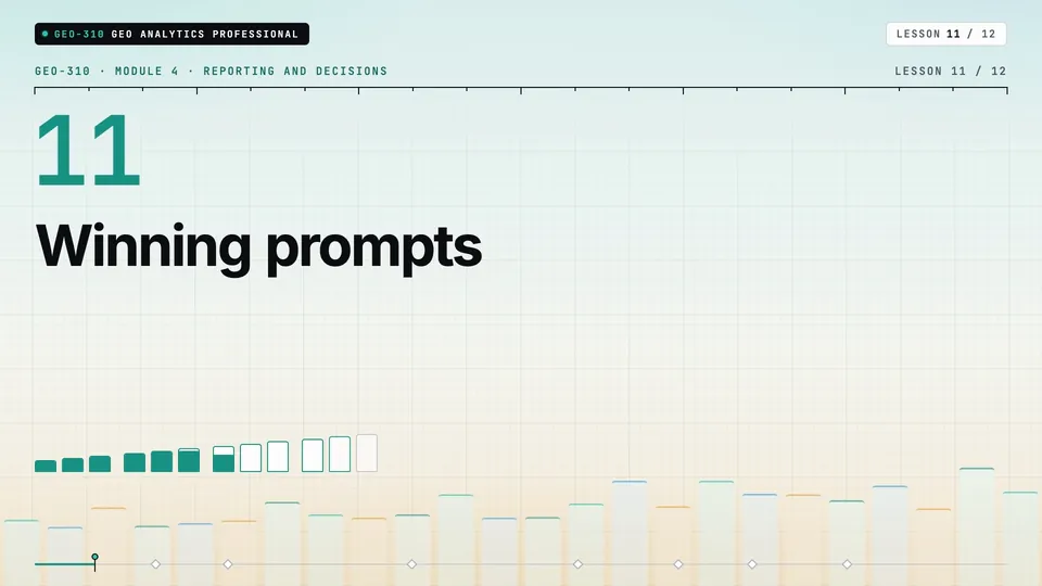Frame from lesson 11 of Sophyx Certified GEO Analytics Professional, "Winning prompts"