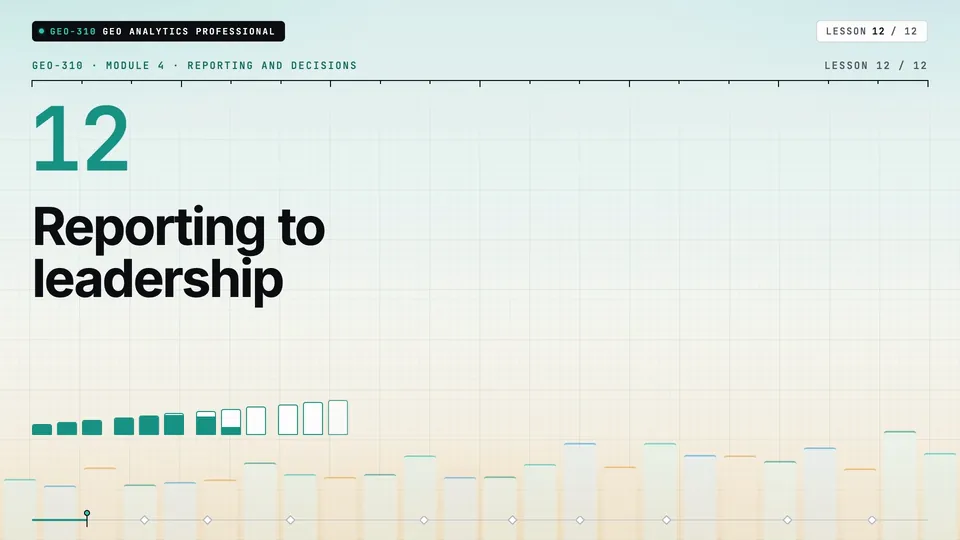 Frame from lesson 12 of Sophyx Certified GEO Analytics Professional, "Reporting to leadership"