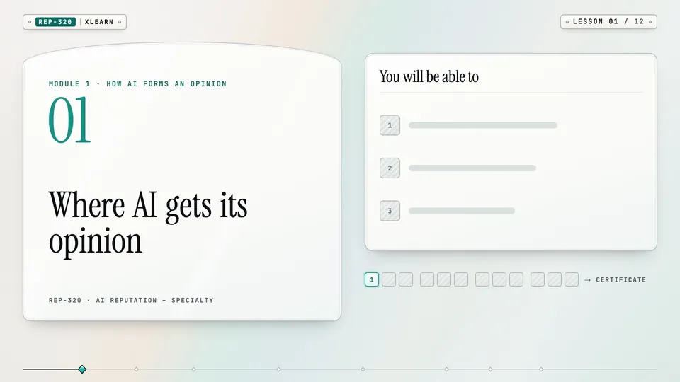 Frame from lesson 1 of Sophyx Certified AI Reputation – Specialty, "Where AI gets its opinion"