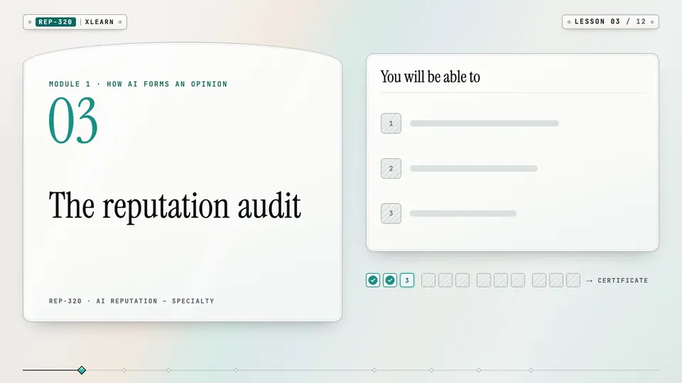 Frame from lesson 3 of Sophyx Certified AI Reputation – Specialty, "The reputation audit"