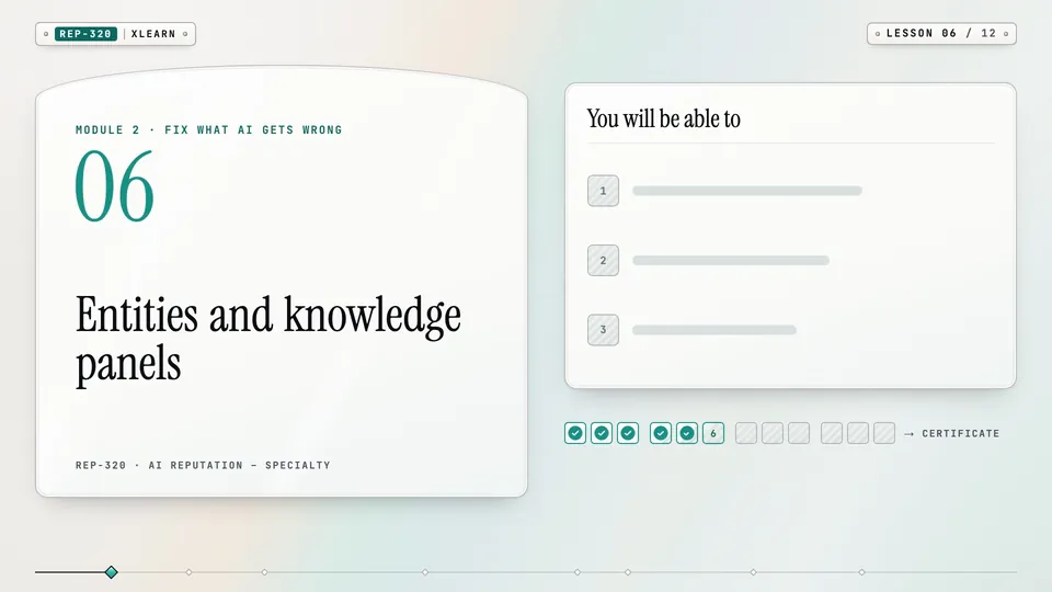 Frame from lesson 6 of Sophyx Certified AI Reputation – Specialty, "Entities and knowledge panels"