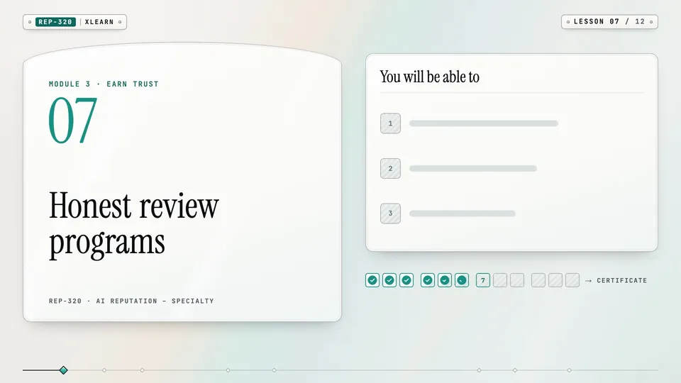 Frame from lesson 7 of Sophyx Certified AI Reputation – Specialty, "Honest review programs"