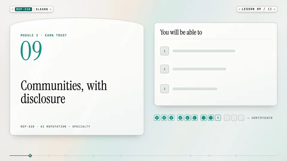 Frame from lesson 9 of Sophyx Certified AI Reputation – Specialty, "Communities, with disclosure"