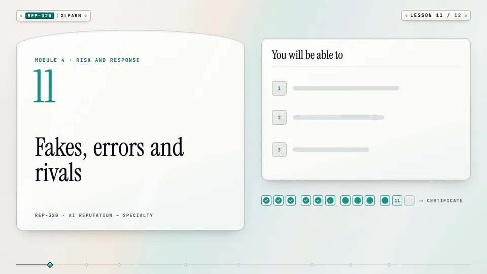 Frame from lesson 11 of Sophyx Certified AI Reputation – Specialty, "Fakes, errors and rivals"