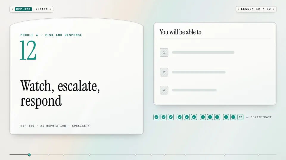 Frame from lesson 12 of Sophyx Certified AI Reputation – Specialty, "Watch, escalate, respond"